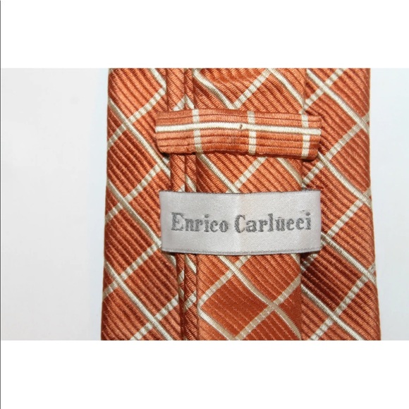 Classic Enrico Carlucci Men Neck Tie Orange Checkered Diamond Italy 100% Silk - Picture 9 of 12